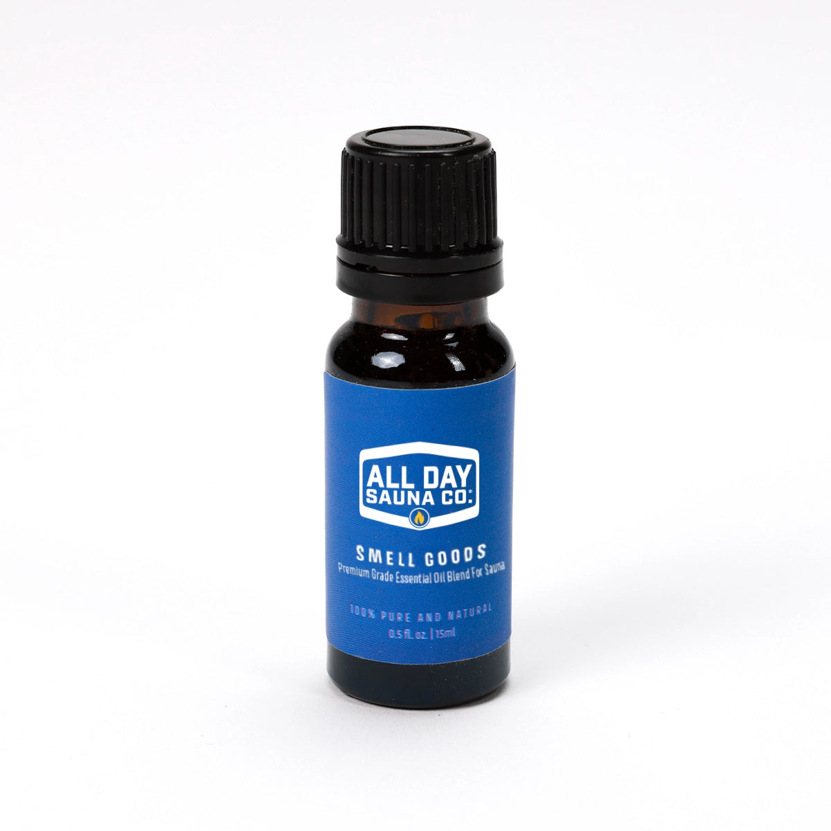 Close-up of All Day Sauna Co. Smell Goods essential oils — high-quality, all-natural oils in .5 oz bottles for soothing sauna aromatherapy