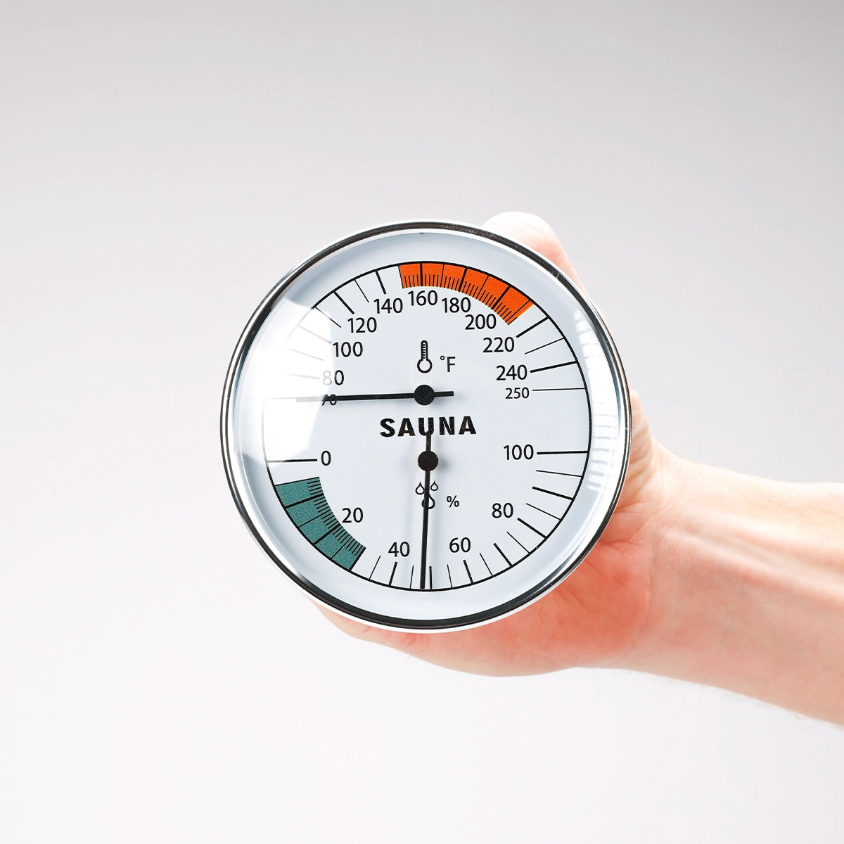 Close-up of All Day Sauna Co. sauna thermometer and hygrometer dial — clear display of temperature and humidity levels