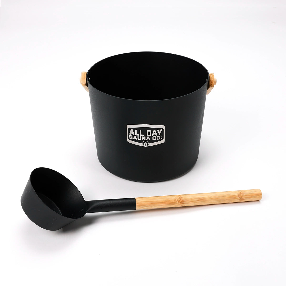All Day Sauna Co. water bucket and ladle — premium sauna accessories for creating rich steam during sessions