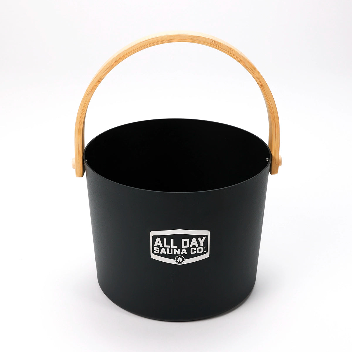 Close-up of All Day Sauna Co. water bucket — designed for controlled steam infusion over sauna rocks