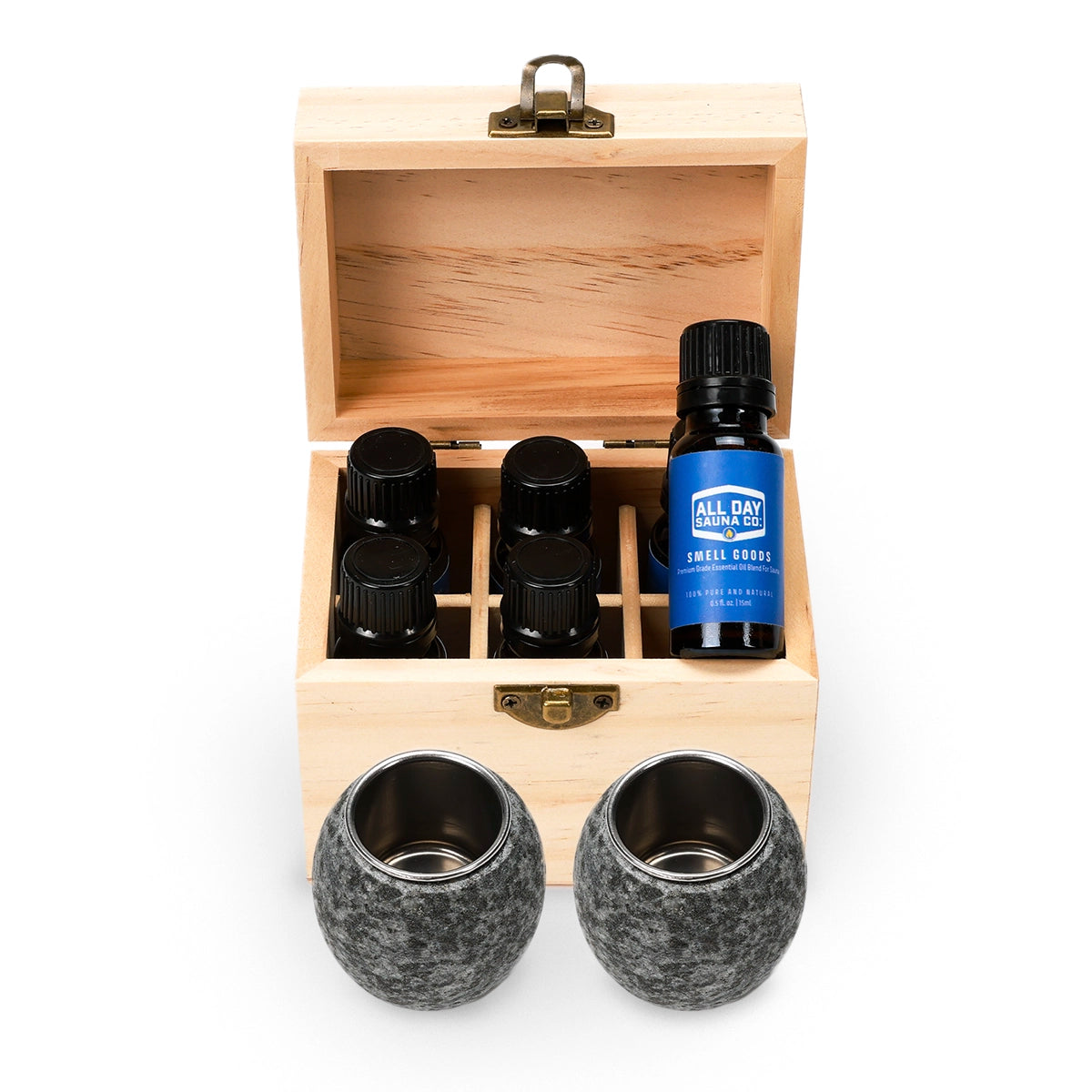 All Day Sauna Co. Smell Goods Bundle — includes two granite essential oil diffuser cups and a cedar box with 6-pack of premium essential oils