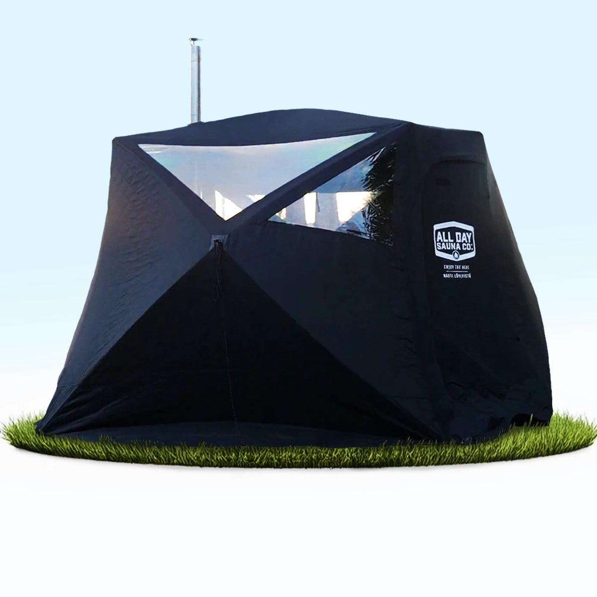 All Day Sauna Co. 6‑person outdoor sauna tent with included wood‑stove — black fire‑resistant fabric, chimney vent up top