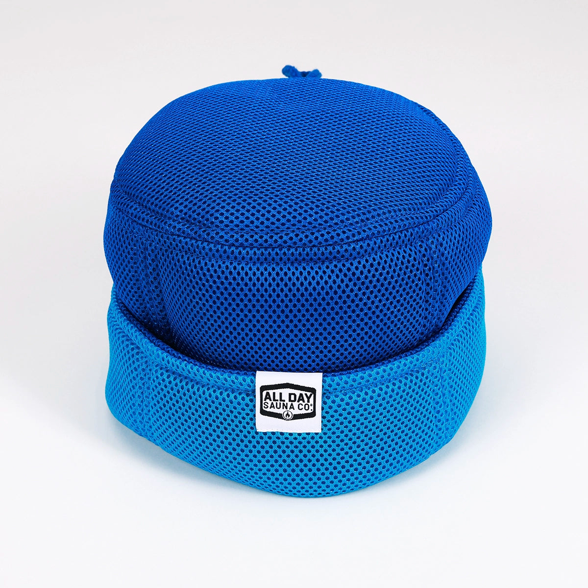 Chill blue mesh sauna hat by All Day Sauna Co. — breathable, machine-washable sauna hat designed for hot sauna sessions and post-sauna recovery, available in multiple colors