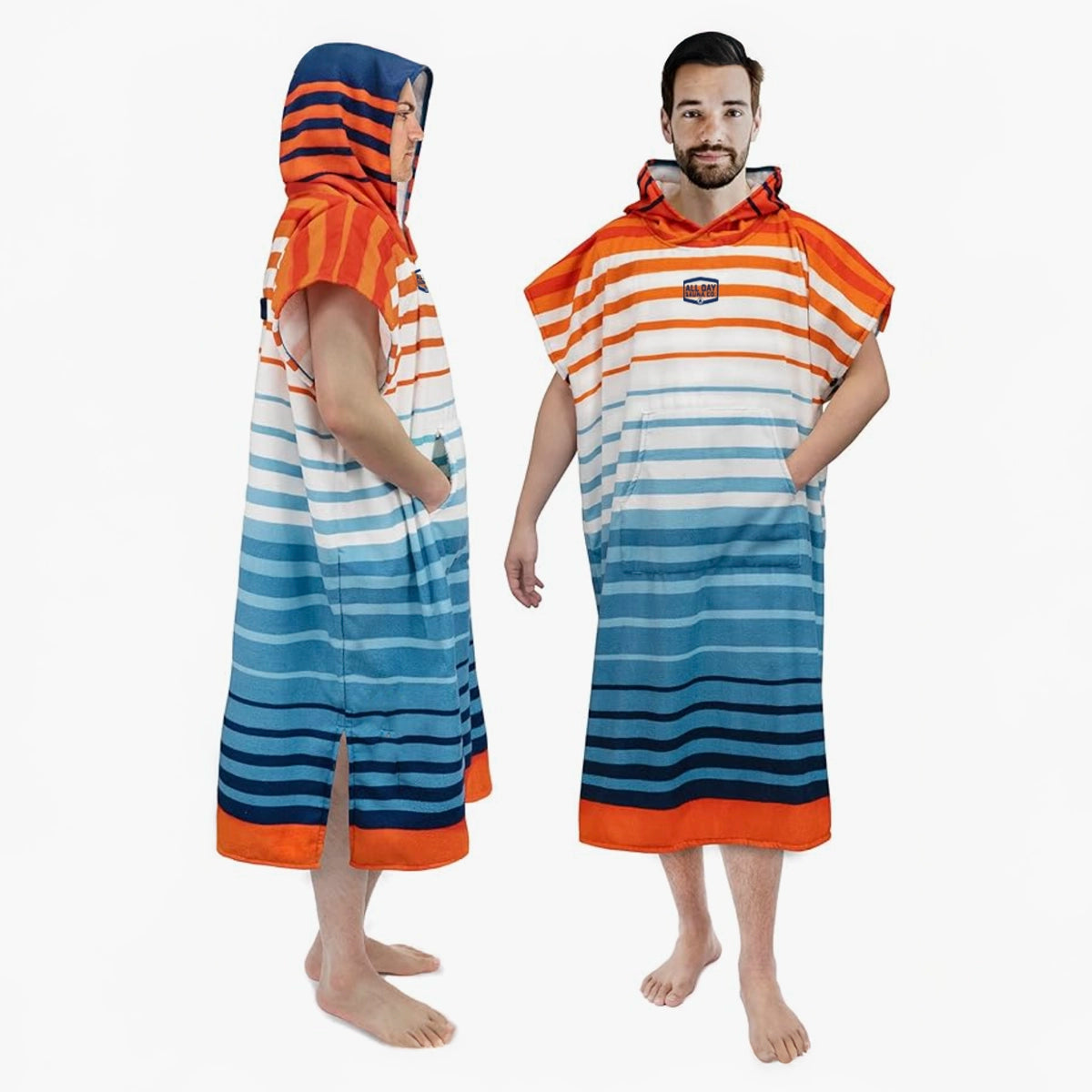 All Day Sauna Co. sauna robe — ultra-soft, breathable fabric in orange stripe designed for relaxation before and after sauna sessions