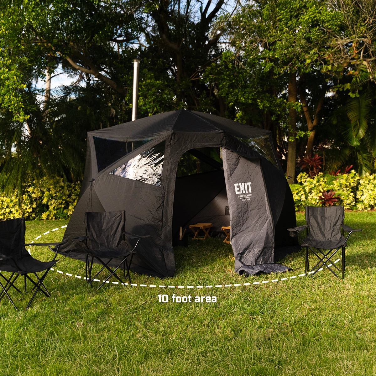 Photo showing the 10 ft footprint of the All Day Sauna Co. outdoor sauna tent.