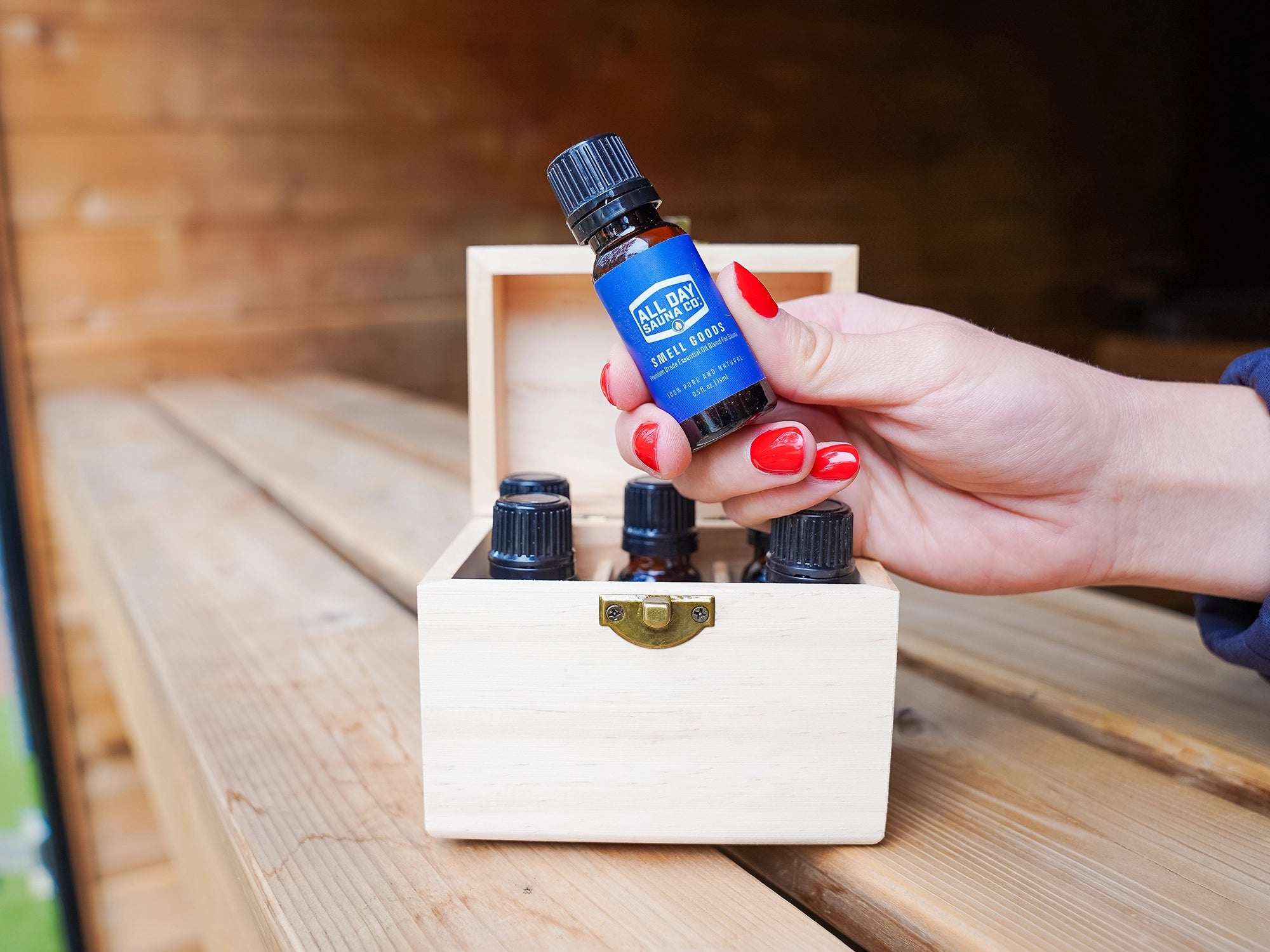 Custom cedar box with 6-pack of All Day Sauna Co. Smell Goods essential oils — all-natural oils for enhancing sauna steam and relaxation